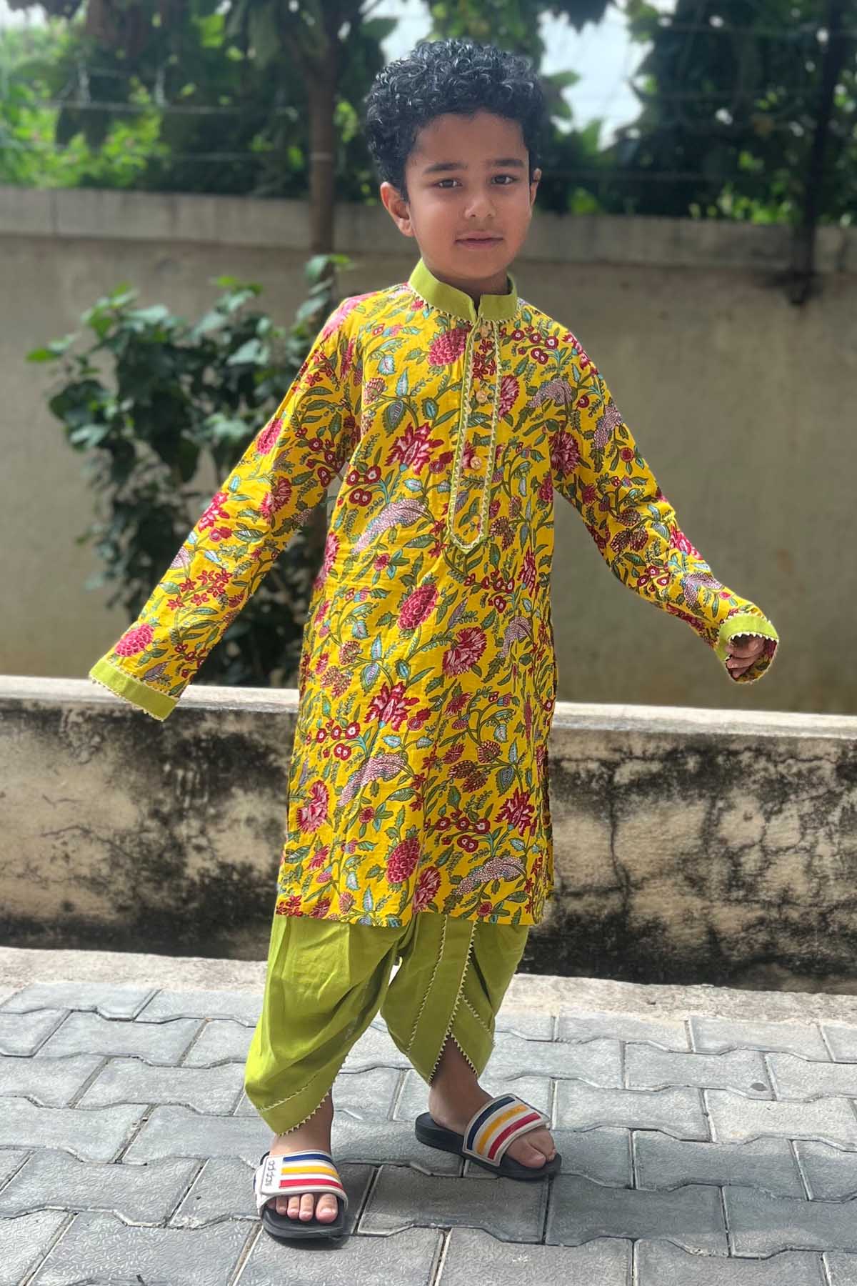 Designer Mamma's Bear Yellow Gota Patti Kurta Dhoti Set For Kids (Boys & Girls) Available online at ScrollnShops